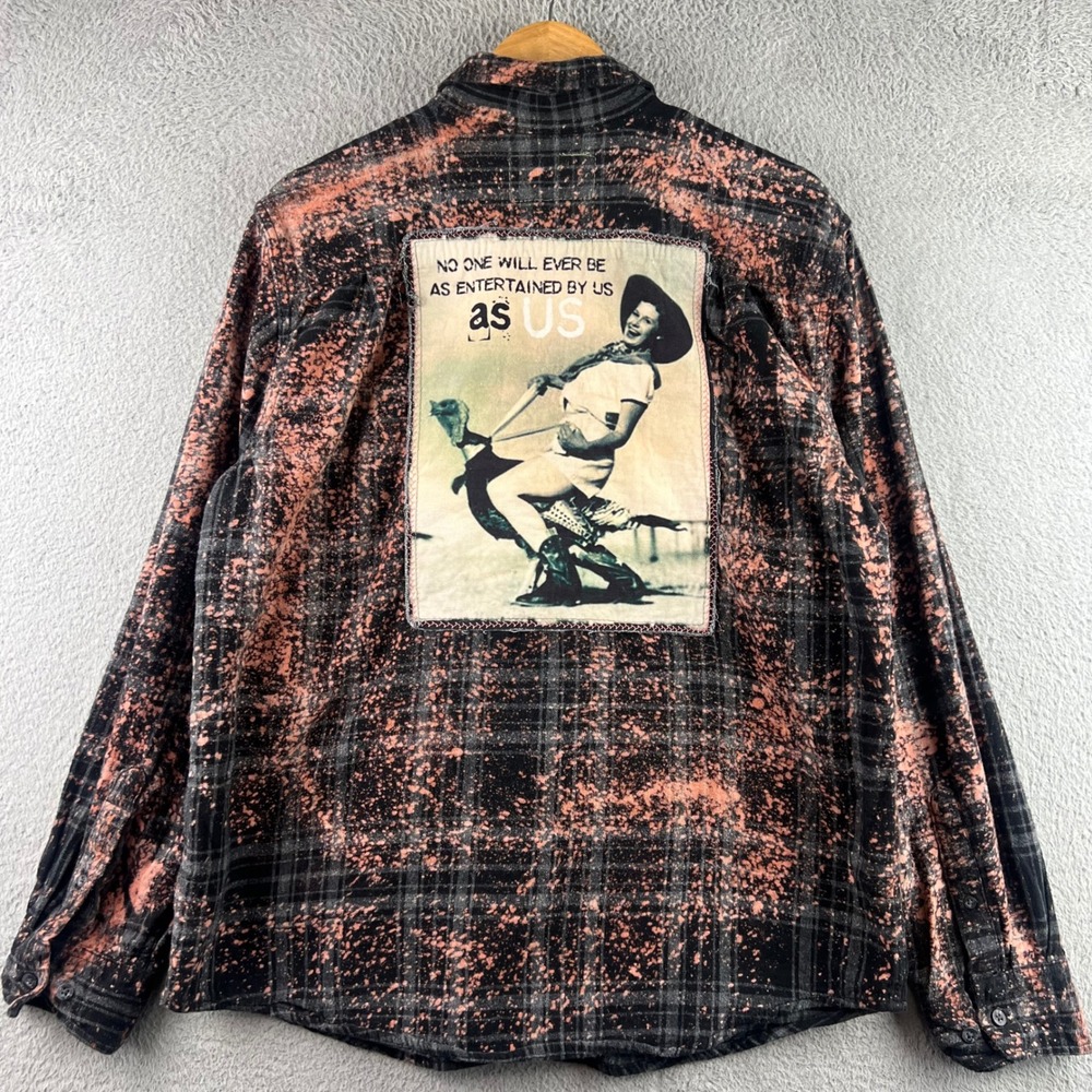Angry Minnow Vintage Mens Bleached Flannel Shirt Black Plaid Back Patch Large